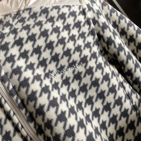 Columbia Houndstooth Ivory Black Hooded Zip up Jacket Size Medium side pockets - Picture 2 of 12